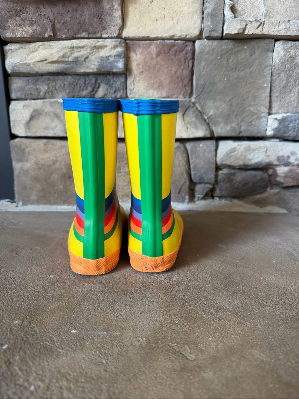 Hunter Kids Yellow Rain Boots with Blue, Red, Orange & Green Stripes